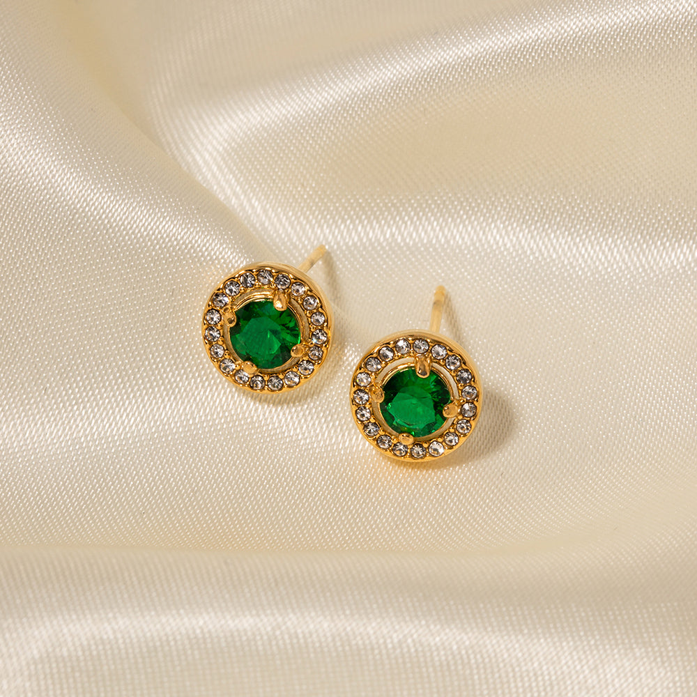 Sparkling Green Gemstone Gold Earrings with Cubic Zirconia