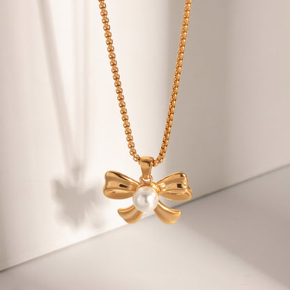 Pearl Bow Gold Necklace