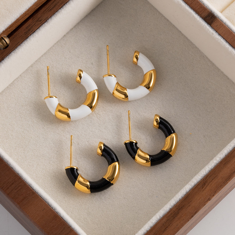 Gold Lined Black Enamel Hoops