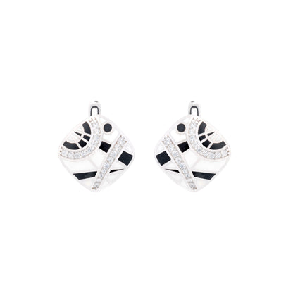 925 Silver Abstract Essence Enamel Earrings - Black and White