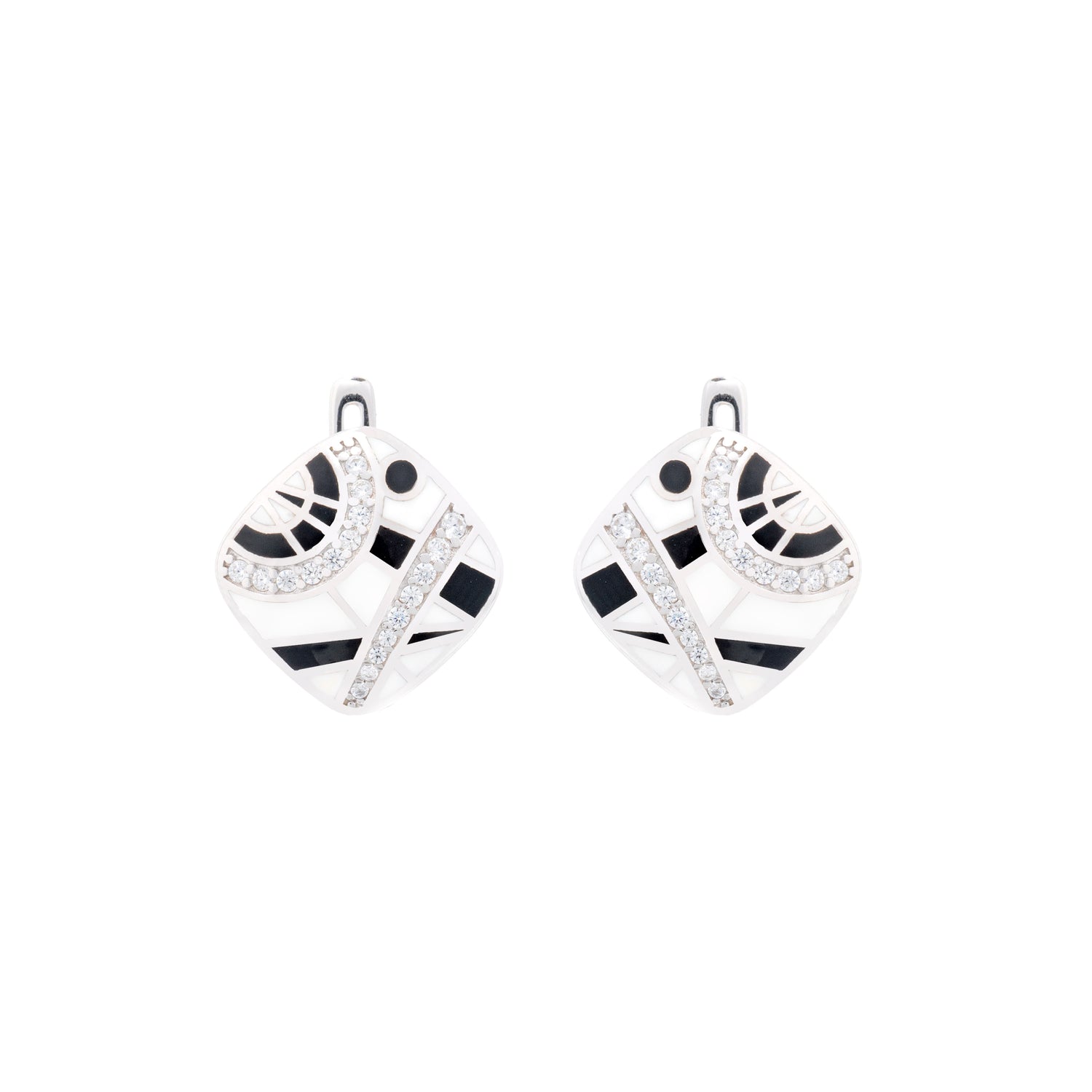 925 Silver Abstract Essence Enamel Earrings - Black and White