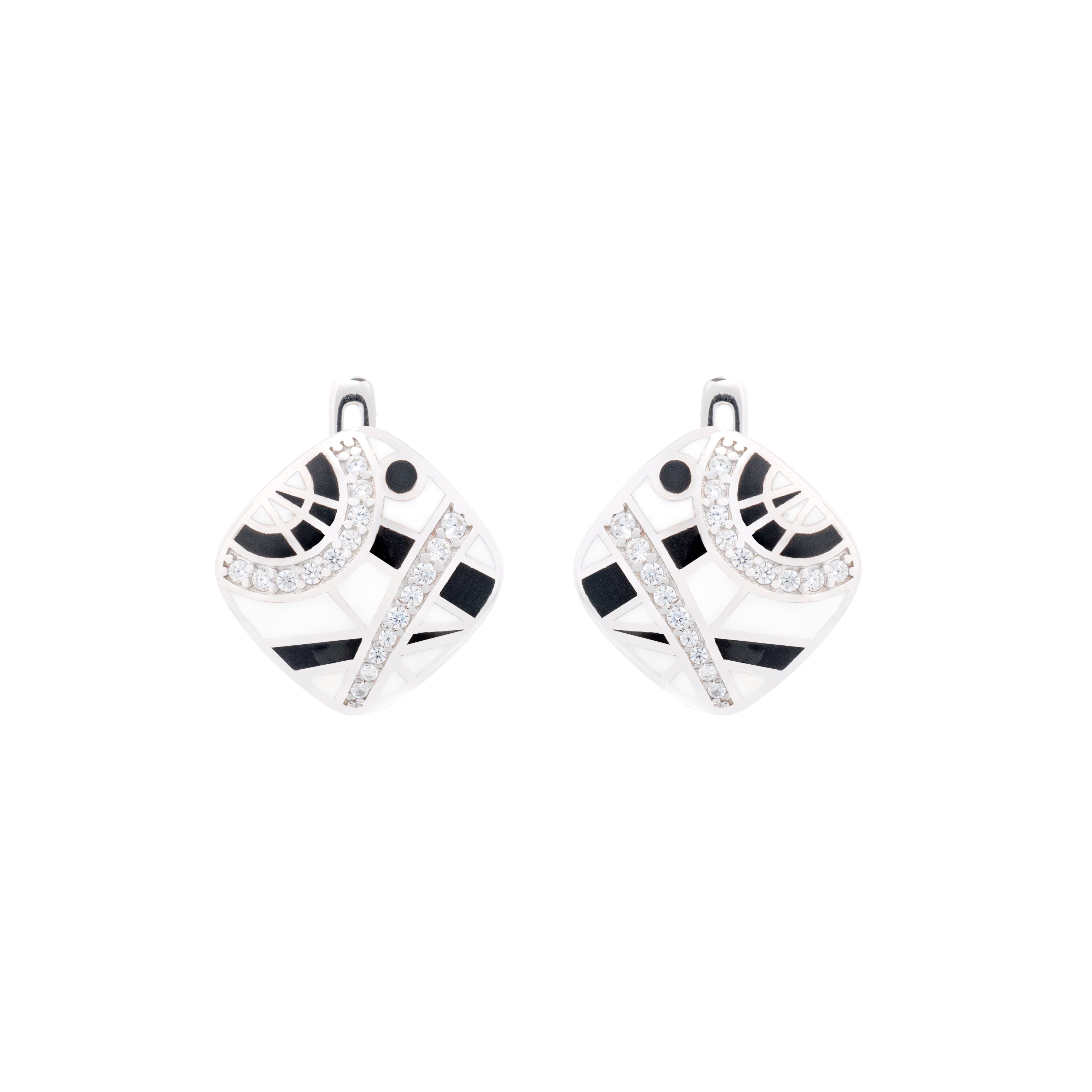 925 Silver Abstract Essence Enamel Earrings - Black and White