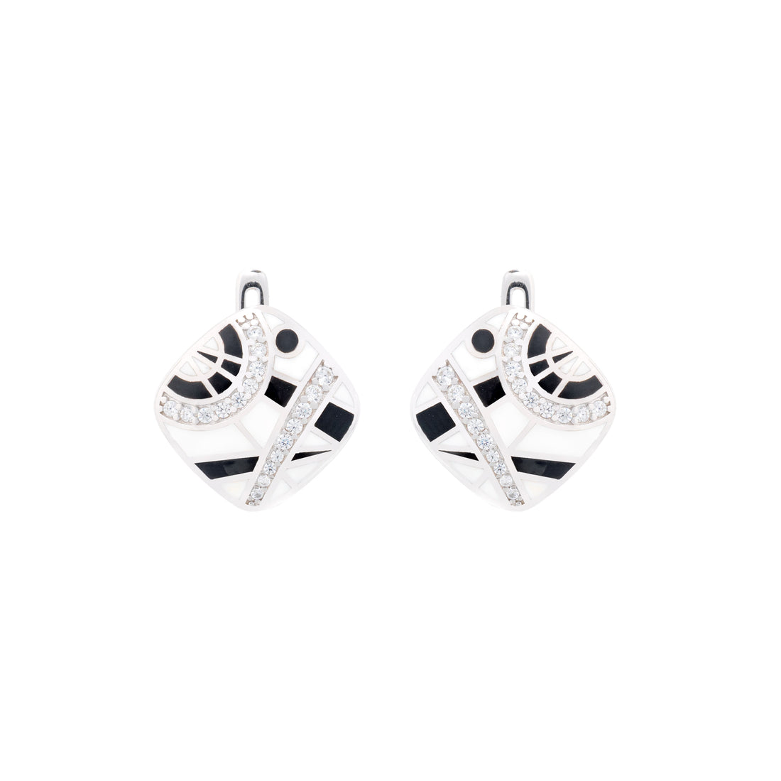 925 Silver Abstract Essence Enamel Earrings - Black and White
