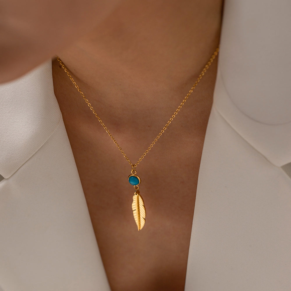 Aqua Feather Gold Necklace