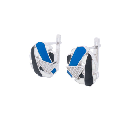 925 Silver Abstract Essence Enamel Earrings - Blue and Black