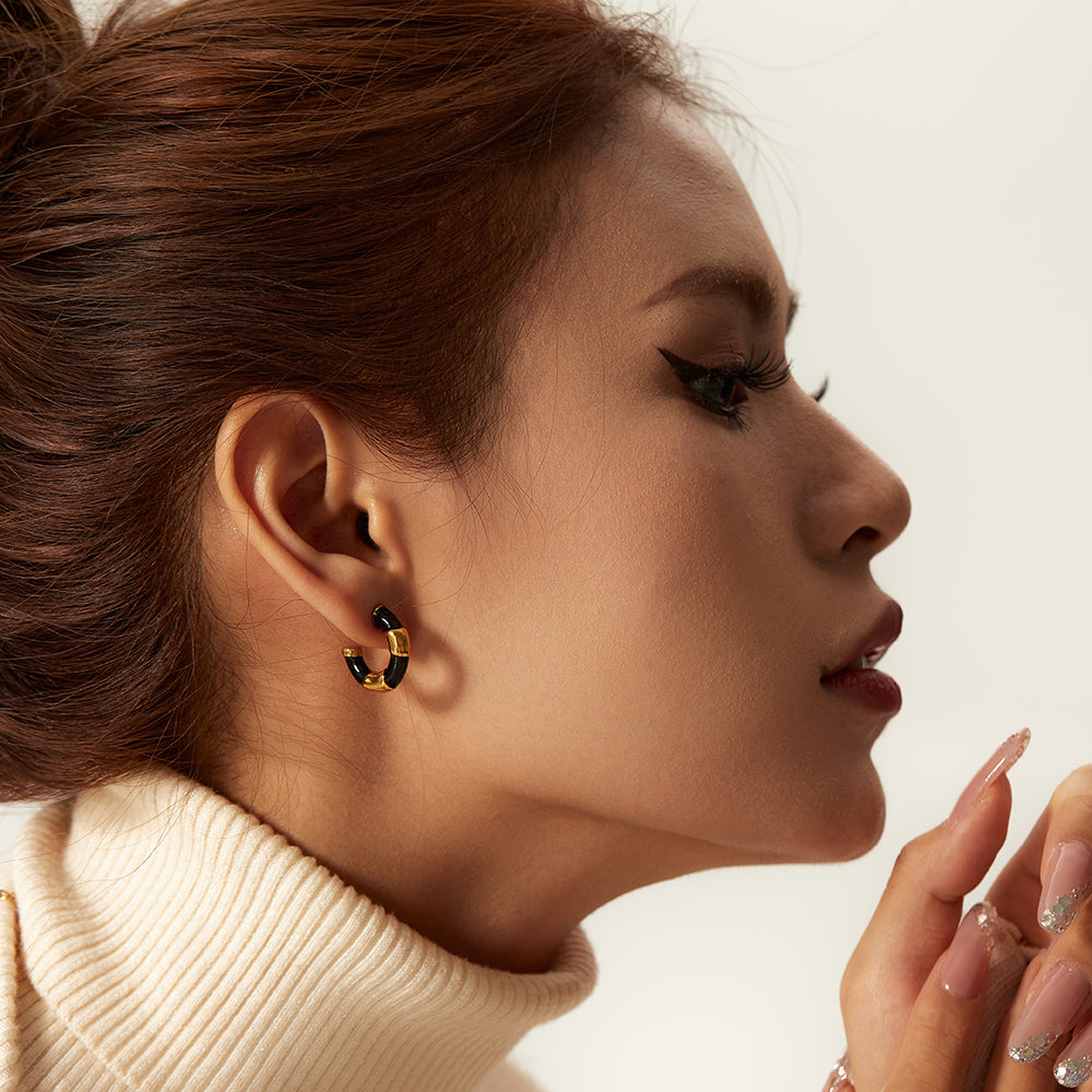 Gold Lined Black Enamel Hoops
