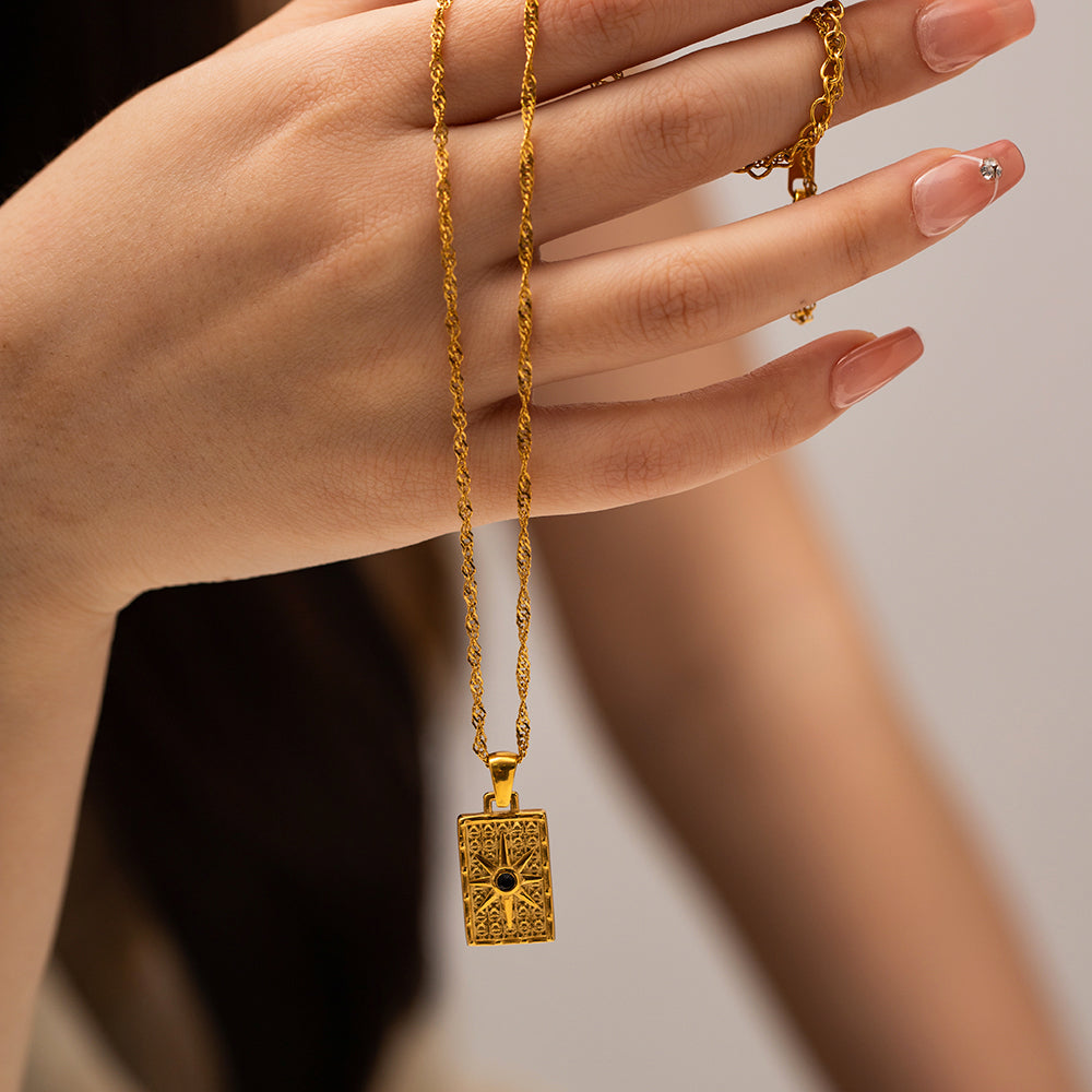 Rectangular Sun Rays Gold Necklace