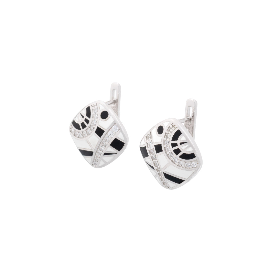 925 Silver Abstract Essence Enamel Earrings - Black and White