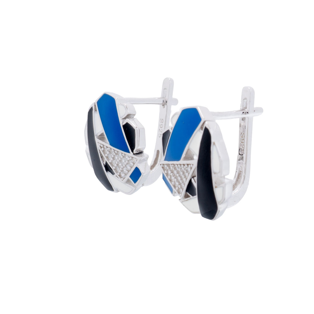 925 Silver Abstract Essence Enamel Earrings - Blue and Black