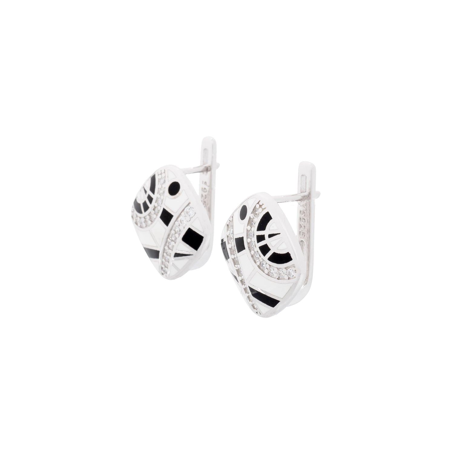 925 Silver Abstract Essence Enamel Earrings - Black and White