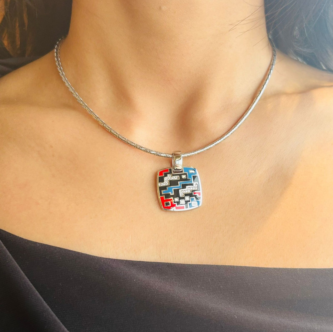 925 Silver Tetra Block Enamel Pendant