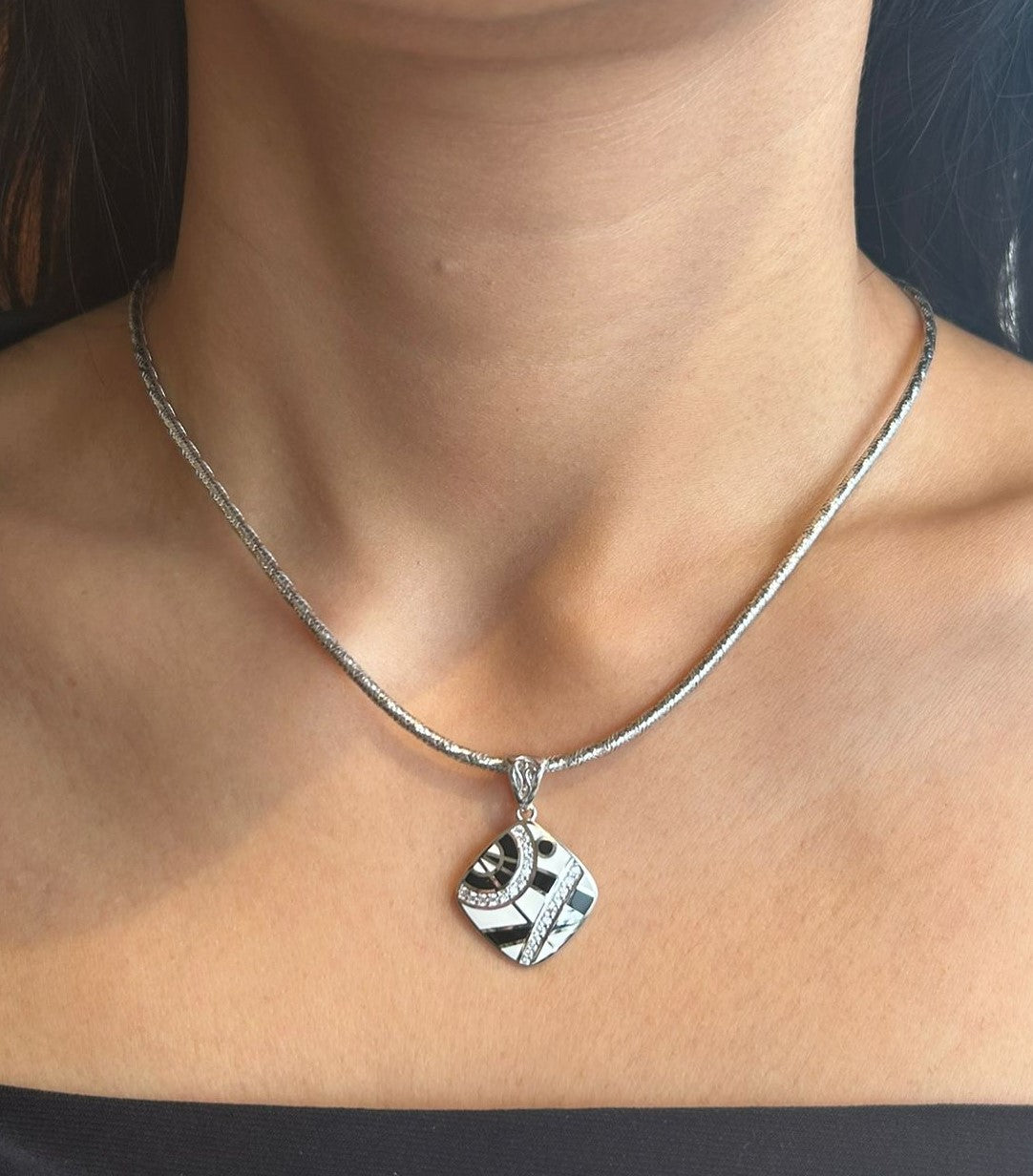925 Silver Abstract Essence Enamel Pendant - Black and White
