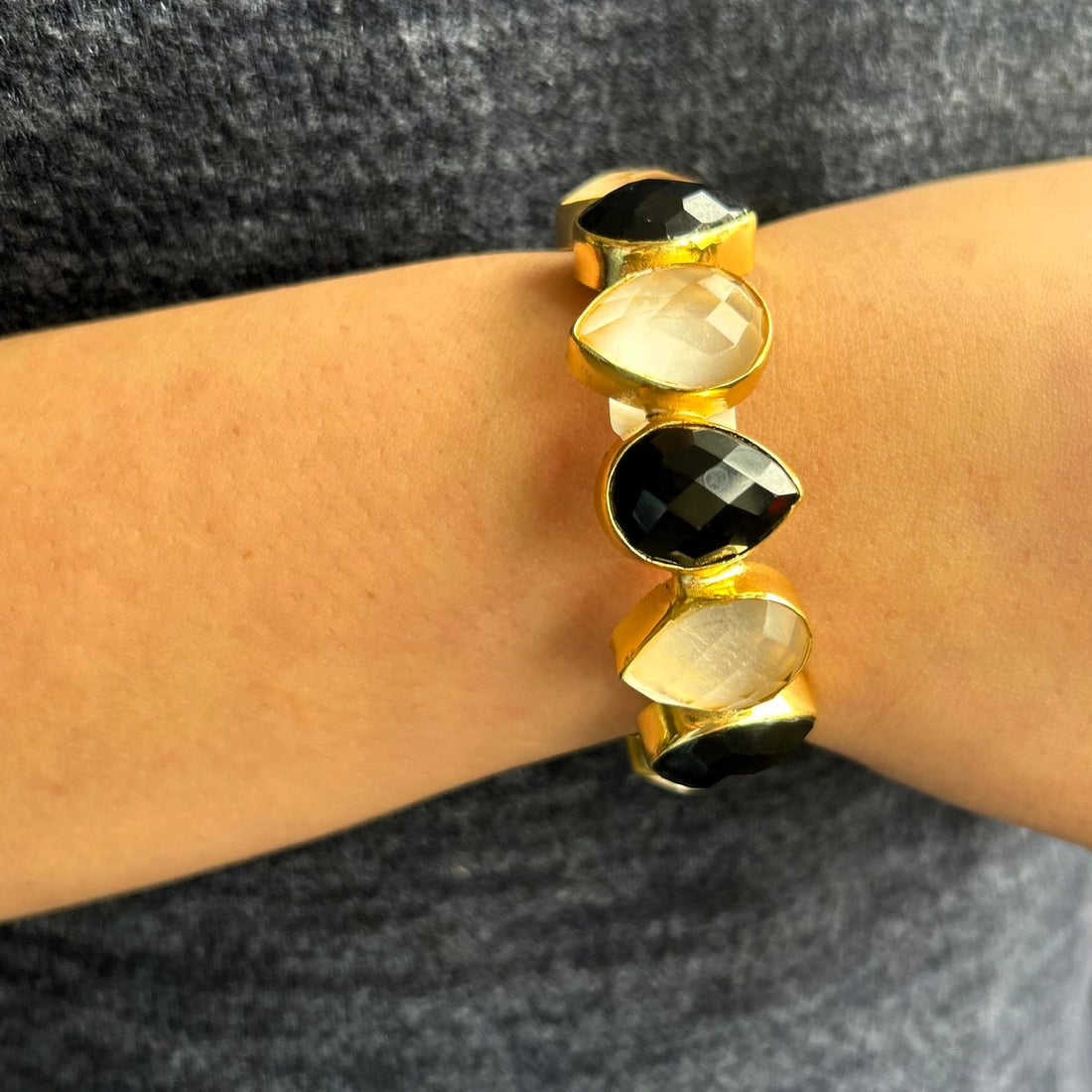 Faceted Black Onyx &amp; White Faceted Crystal Bracelet