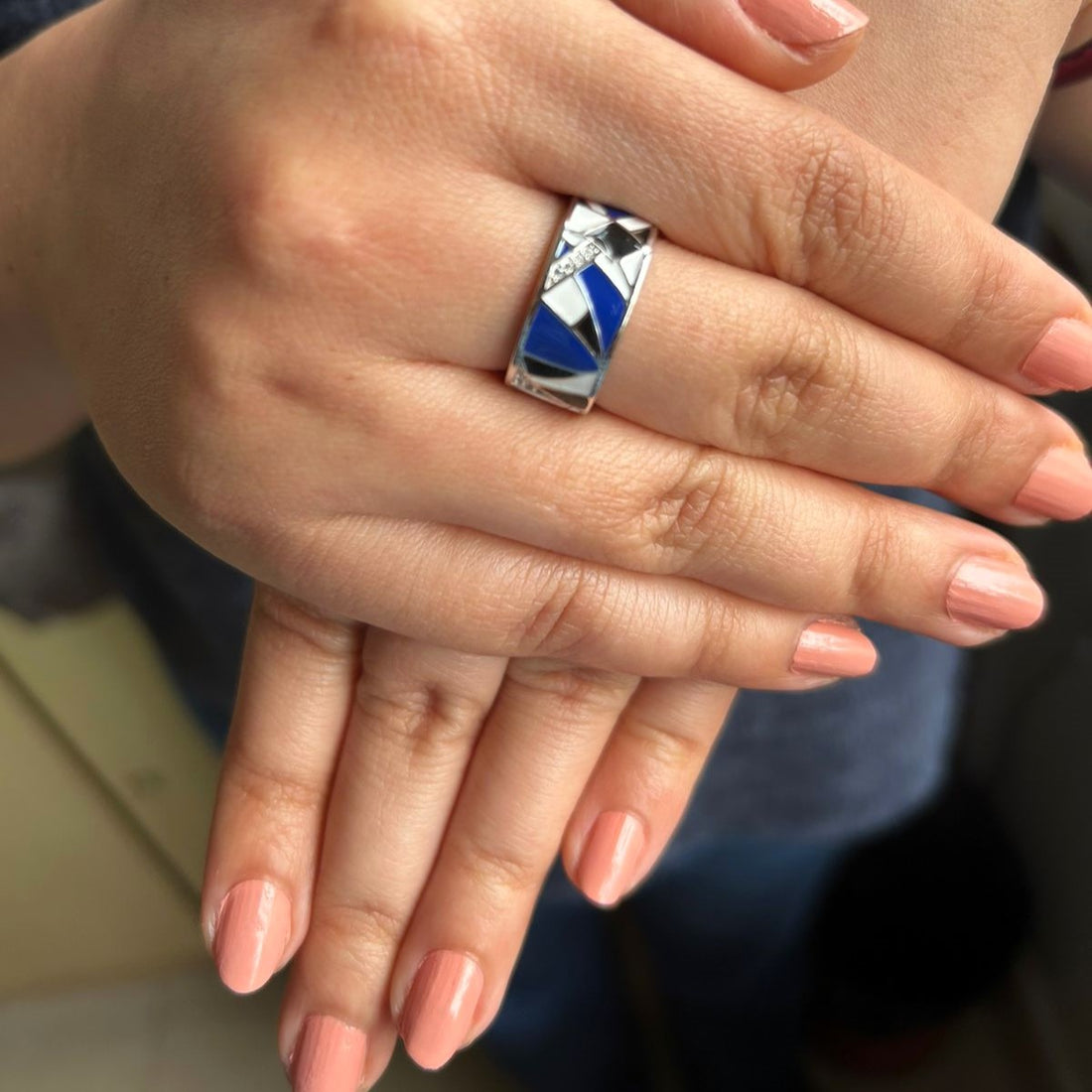 925 Silver Abstract Essence Enamel Ring - Blue and Black
